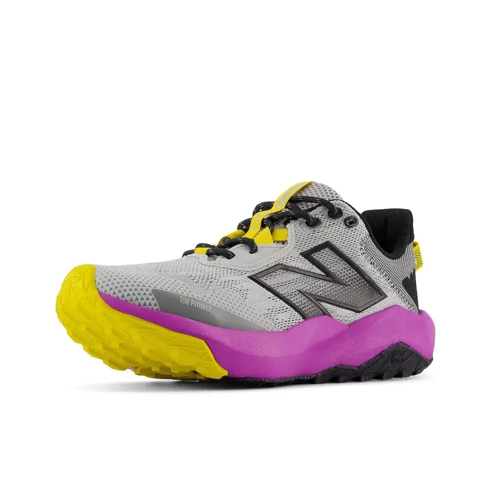 New Balance Womens Dynasoft Nitrel V6 Trail Running Shoe Rain Cloud/Purple Fuchsia/Ginger Lemon 6 Wide - Rain