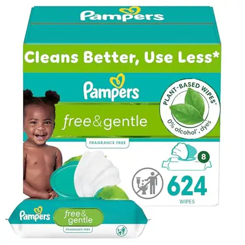 Pampers Free & Gentle Baby Wipes 99% Water Hypoallergenic Unscented 100% Plant Based Plastic-Free Baby Wipes 624 Baby