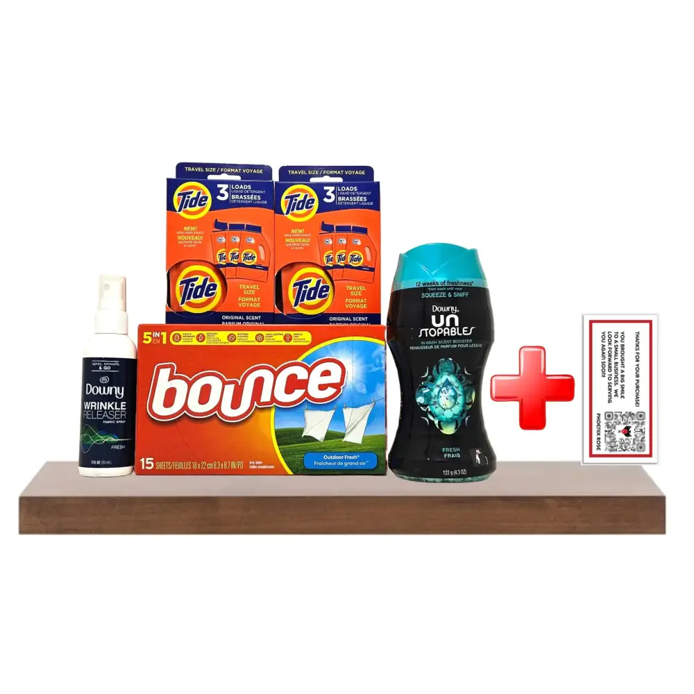 Phoenix Roses Ultimate Travel Laundry Bundle - Tide Detergent Bounce Dryer Sheets Wrinkle Releaser Unstopables Scent