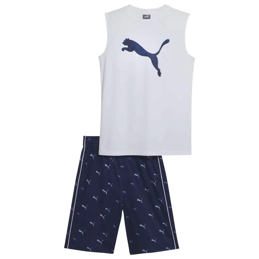 PUMA Boys 2 Piece Interlock Muscle Tee & Mesh Short Set White Traditional 2T - White/Cobalt Glaze / 2T
