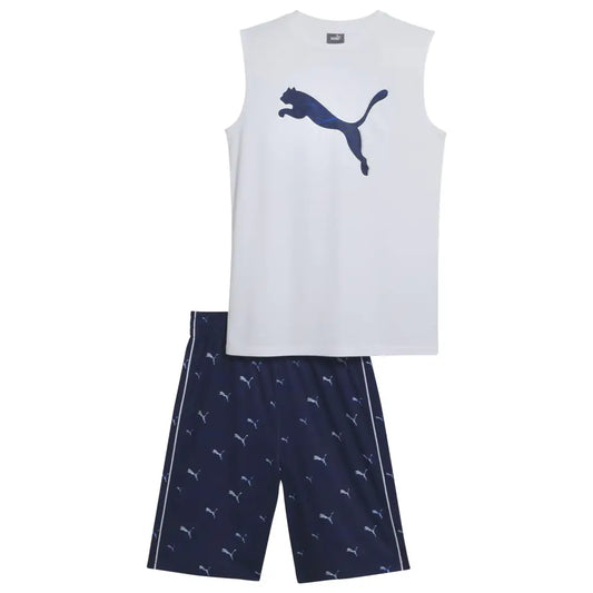 PUMA Boys 2 Piece Interlock Muscle Tee & Mesh Short Set White Traditional 2T - White/Cobalt Glaze / 2T