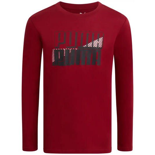 PUMA Boys T-Shirt - Long Sleeve Logo T-Shirt for Boys - Athletic Crewneck Long Sleeve Tee (S-XL) Size Medium Maroon