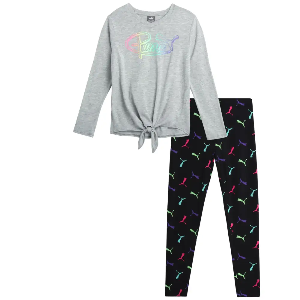 PUMA Girls Active Leggings Set - 2 Piece Performance Long Sleeve Tee and Athletic Leggings - Girls Activewear Sets