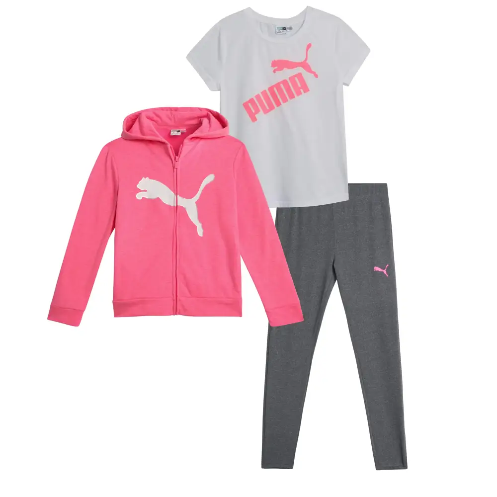 PUMA Girls Active Leggings Set - 3 Piece Fleece Hoodie Active T-Shirt and Athletic Leggings - Girls Activewear Sets