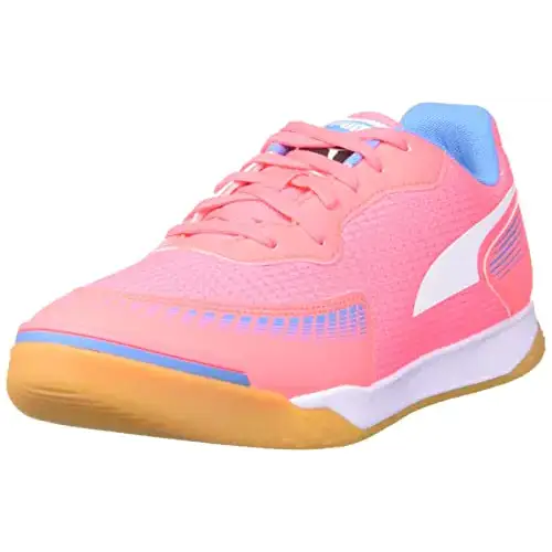 PUMA Mens Pressing III Futsal Soccer Shoes Sunset Glow-PUMA Mens White-Bleu Azur-Gum 9.5 - Sunset Glow-puma White-bleu