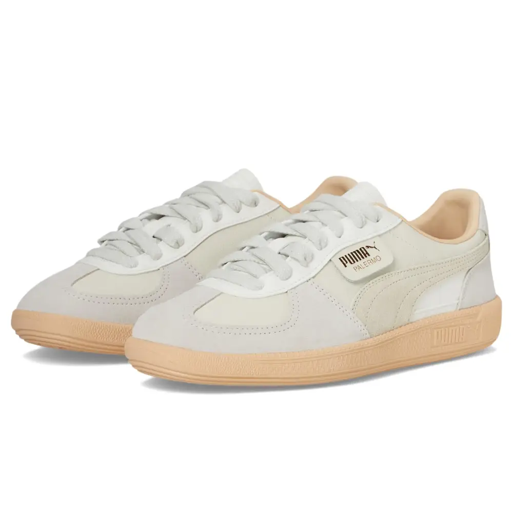 PUMA Womens Palermo Leather Sneaker Warm White/Alpine Snow/Cashew 8 - Warm White/Alpine Snow/Cashew / 8