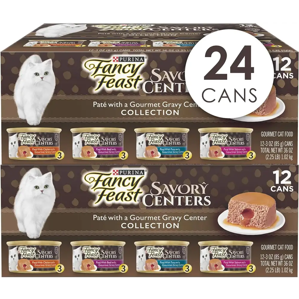 Purina Fancy Feast Pate Wet Cat Food Variety Pack Savory Centers Pate With a Gravy Center - (2 Packs of 12) 3 oz.