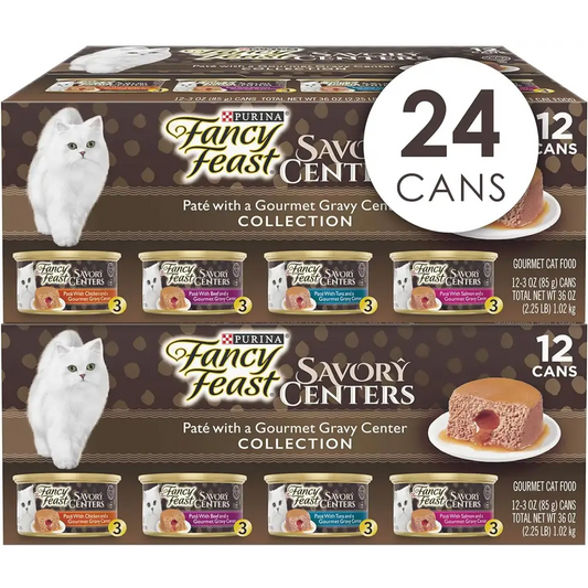 Purina Fancy Feast Pate Wet Cat Food Variety Pack Savory Centers Pate With a Gravy Center - (2 Packs of 12) 3 oz.