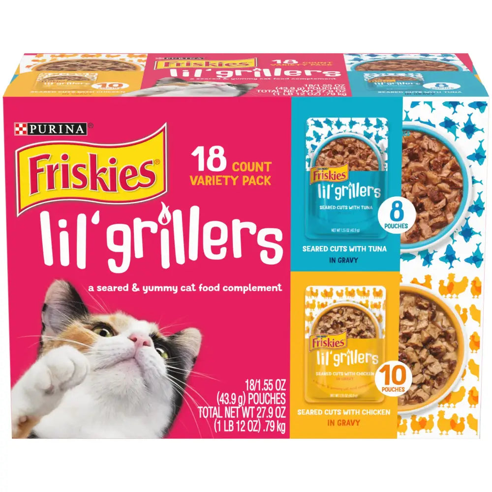 Purina Friskies Gravy Wet Cat Food Lickable Cat Treats Variety Pack Lil Grillers Seared Cuts With Chicken & Tuna