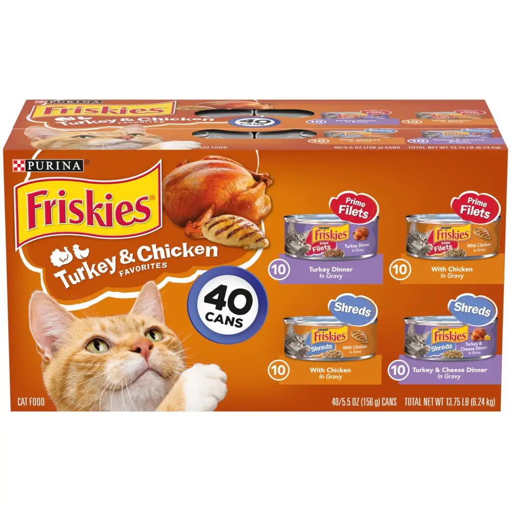 Purina Friskies Gravy Wet Cat Food Variety Pack Prime Filets & Shreds Turkey & Chicken Favorites - (40) 5.5 oz. Cans