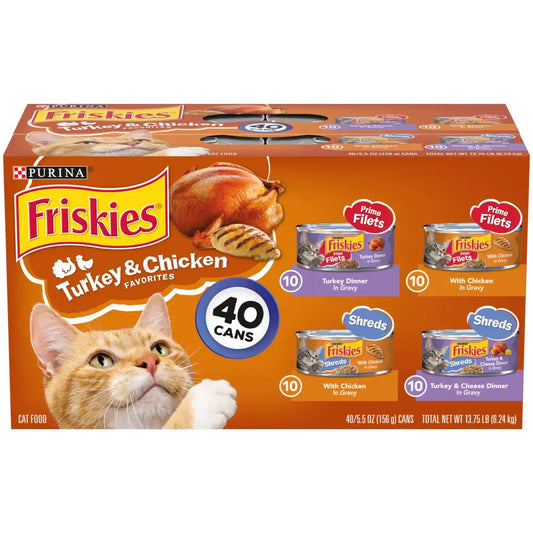 Purina Friskies Gravy Wet Cat Food Variety Pack Prime Filets & Shreds Turkey & Chicken Favorites - (40) 5.5 oz. Cans