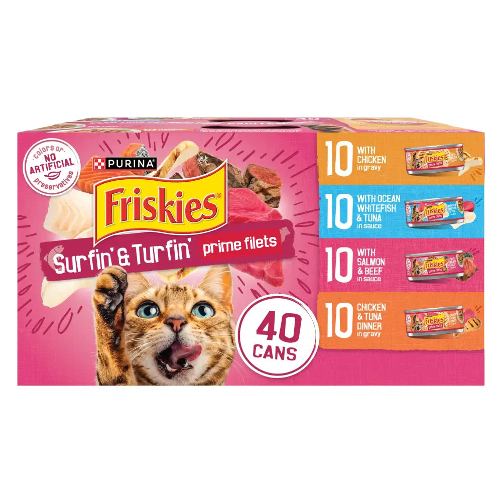 Purina Friskies Gravy Wet Cat Food Variety Pack Surfin’ and Turfin’ Prime Filets Favorites - (Pack of 40) 5.5 oz. Cans