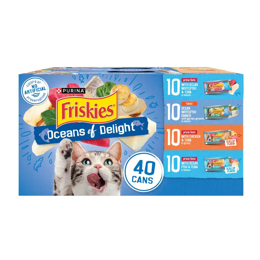 Purina Friskies Wet Cat Food Variety Pack Oceans of Delight Flaked and Prime Filets - (Pack of 40) 5.5 oz. Cans
