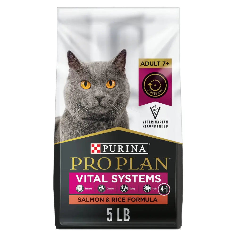 Purina Pro Plan Vital Systems Salmon and Rice Formula Senior Cat Food Dry 4-in-1 Formula - 5 lb. Bag - Salmon / 5 Pound