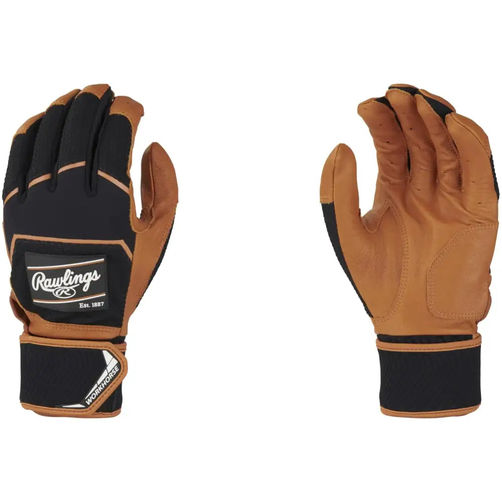 Rawlings | Workhorse Baseball Batting Gloves | Compression Strap | Adult Medium | Caramel/Black - Caramel/Black / Medium