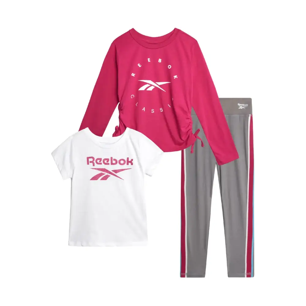 Reebok Girls Active Leggings Set - 3 Piece Performance T-Shirt and Yoga Pants Leggings (4-12) Size 4 Grey/Pink/White
