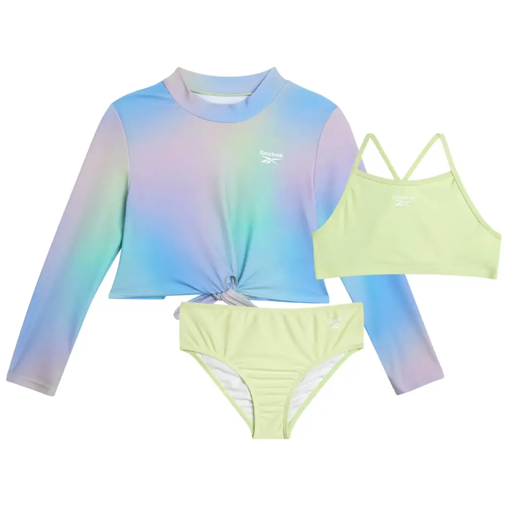 Reebok Girls Rash Guard Set - 3 Piece UPF 50+ Long Sleeve Swim Shirt with Bikini Swimsuit - Swimwear Set for Girls
