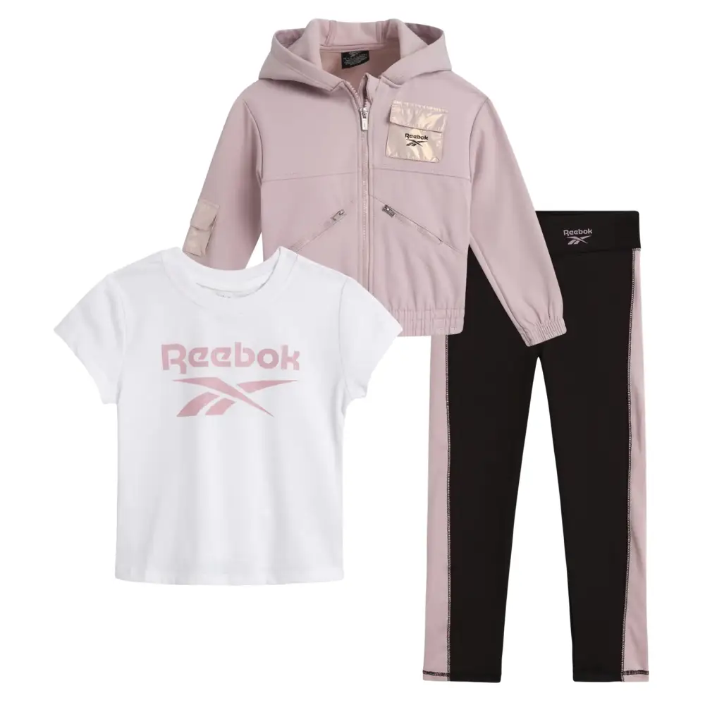 Reebok Girls Sweatsuit - 3 Piece Active Fleece Sweatshirt Jogger Sweatpants T-Shirt - Activewear for Toddlers/Girls