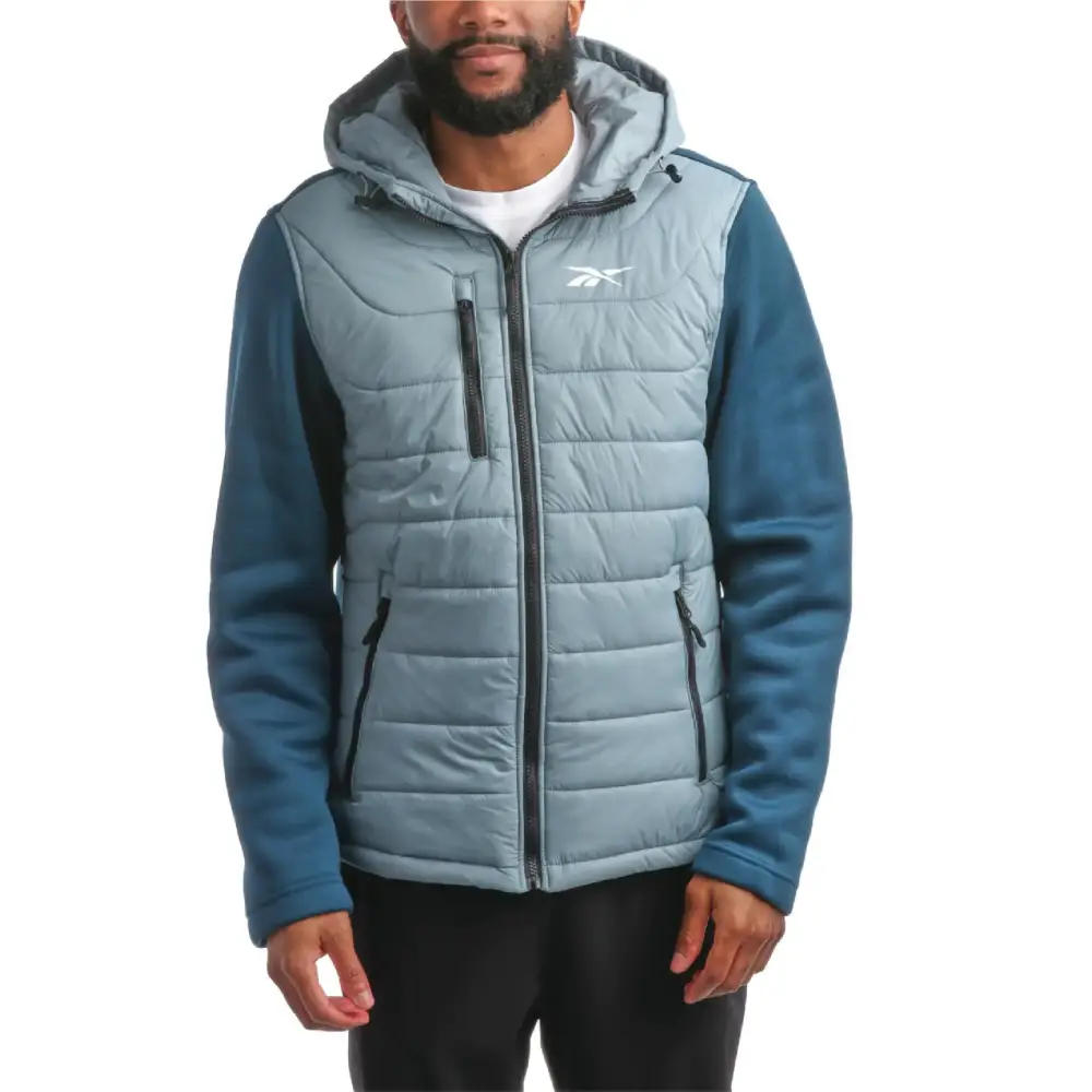Reebok Mens Jacket - Warm Insulated Quilted Puffer Jacket with Sweater Fleece Sleeves - Hooded Outdoor Jacket for Men