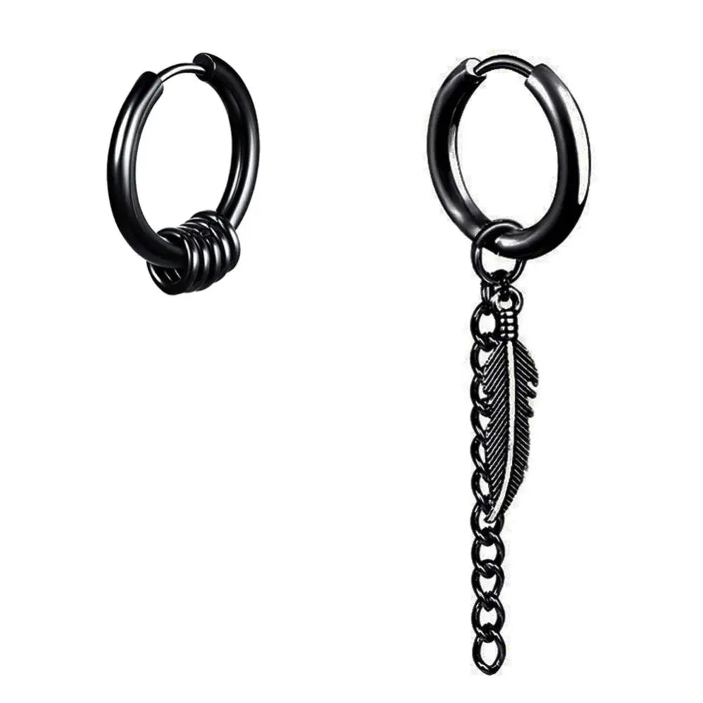 Small Hoop Earrings for Men Women With Cross Feather Spikes Ball Chain Dangle Charms Black Silver 316L Stainless Steel