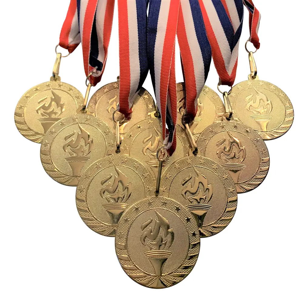 Solid Metal Victory Torch Champion Medals and Red White and Blue Neck Ribbons. (Pack of 10) - n/a