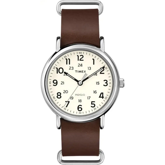 Timex Unisex T2P495 Weekender 40mm Brown Leather Slip-Thru Strap Watch - Red