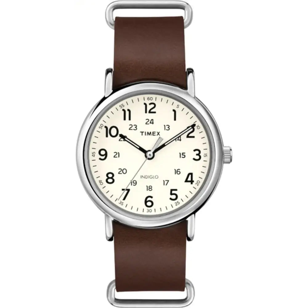 Timex Unisex T2P495 Weekender 40mm Brown Leather Slip-Thru Strap Watch - Red