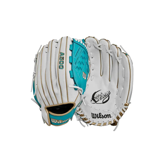 Wilson 2024 A500™ Siren™ 12.5” Youth Outfield Fastpitch Softball Glove - Right Hand Throw White/Teal/Metallic Gold